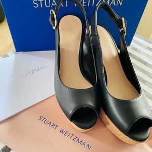 Stuart Weitzman Rinna Peep-toe Cork Heel Slingbacks